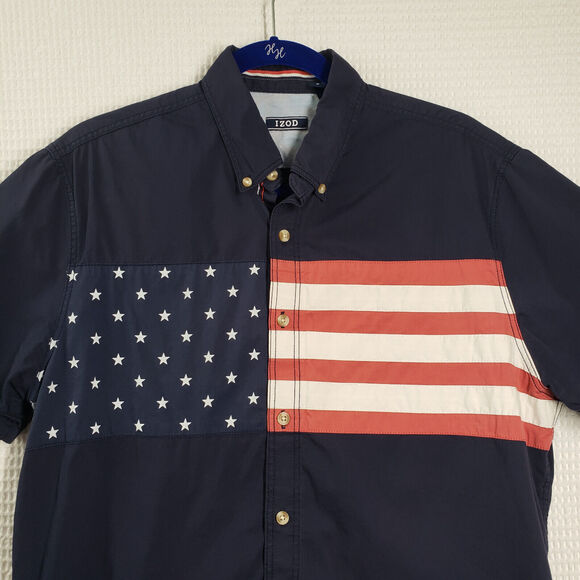 Izod USA Flag Button Down Shirt Mens Medium Blue American Short Sleeve Casual - Picture 8 of 12